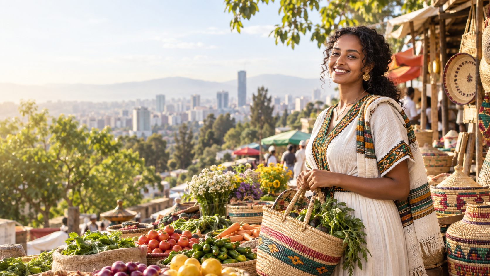 Illustration of an Ethiopian market with fresh produce and woven baskets
