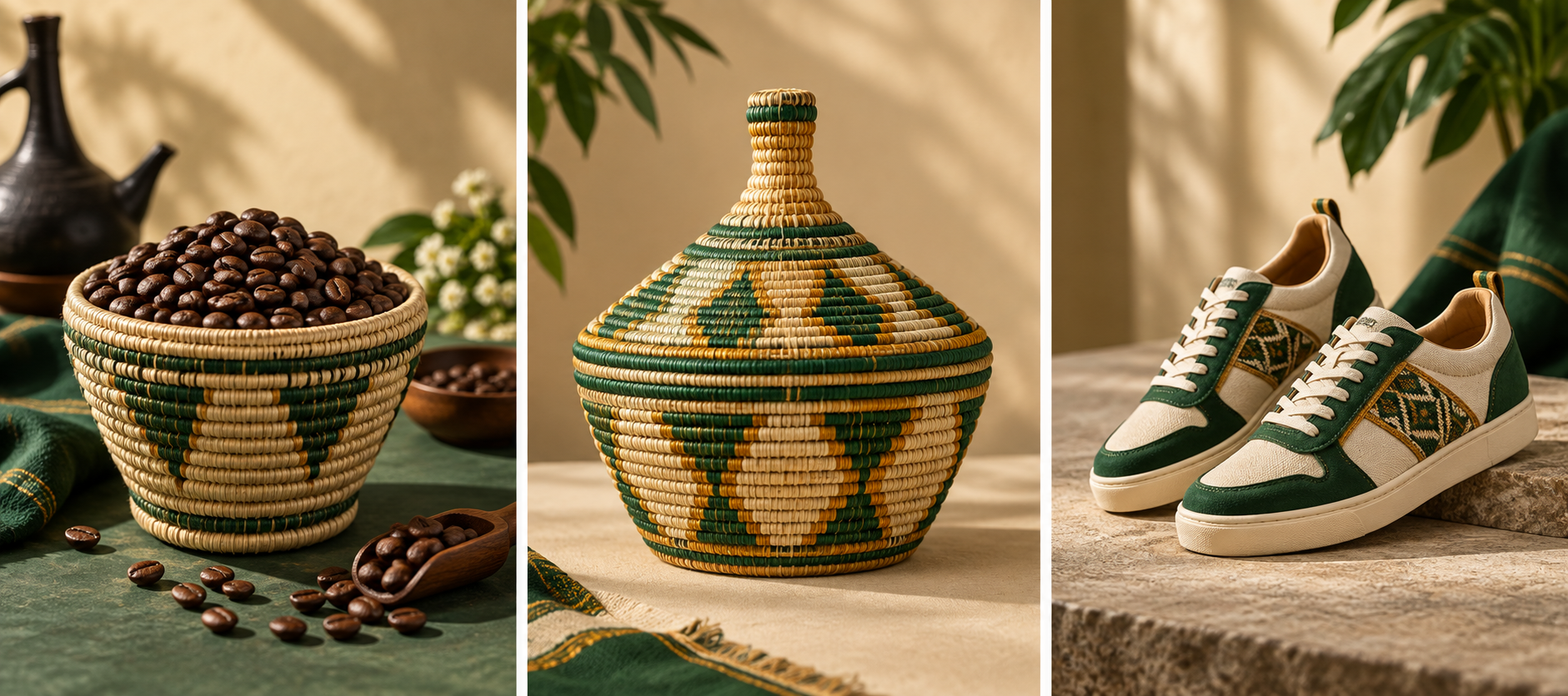 Illustration of Ethiopian coffee, a woven basket and fashion accessories